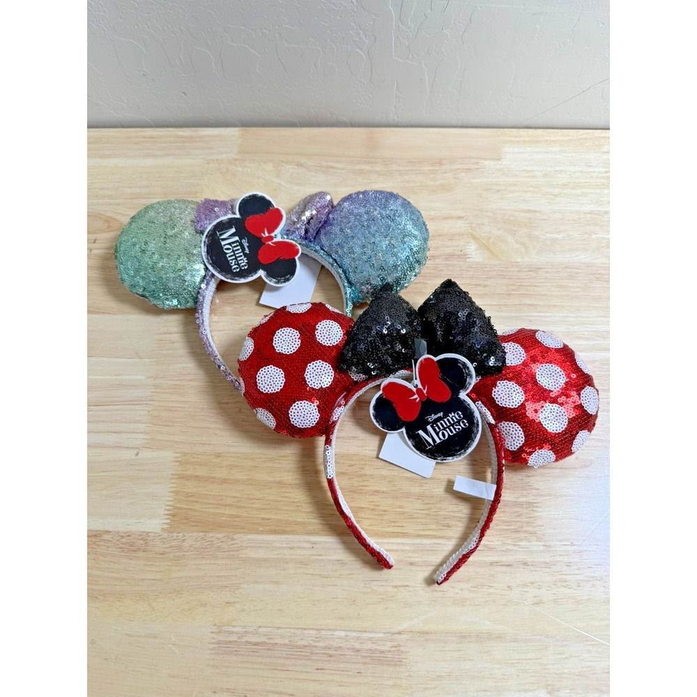 Lot of 2 - Disney Minnie Mouse Ears Bow Rainbow Confetti Red Sequin Headband NWT